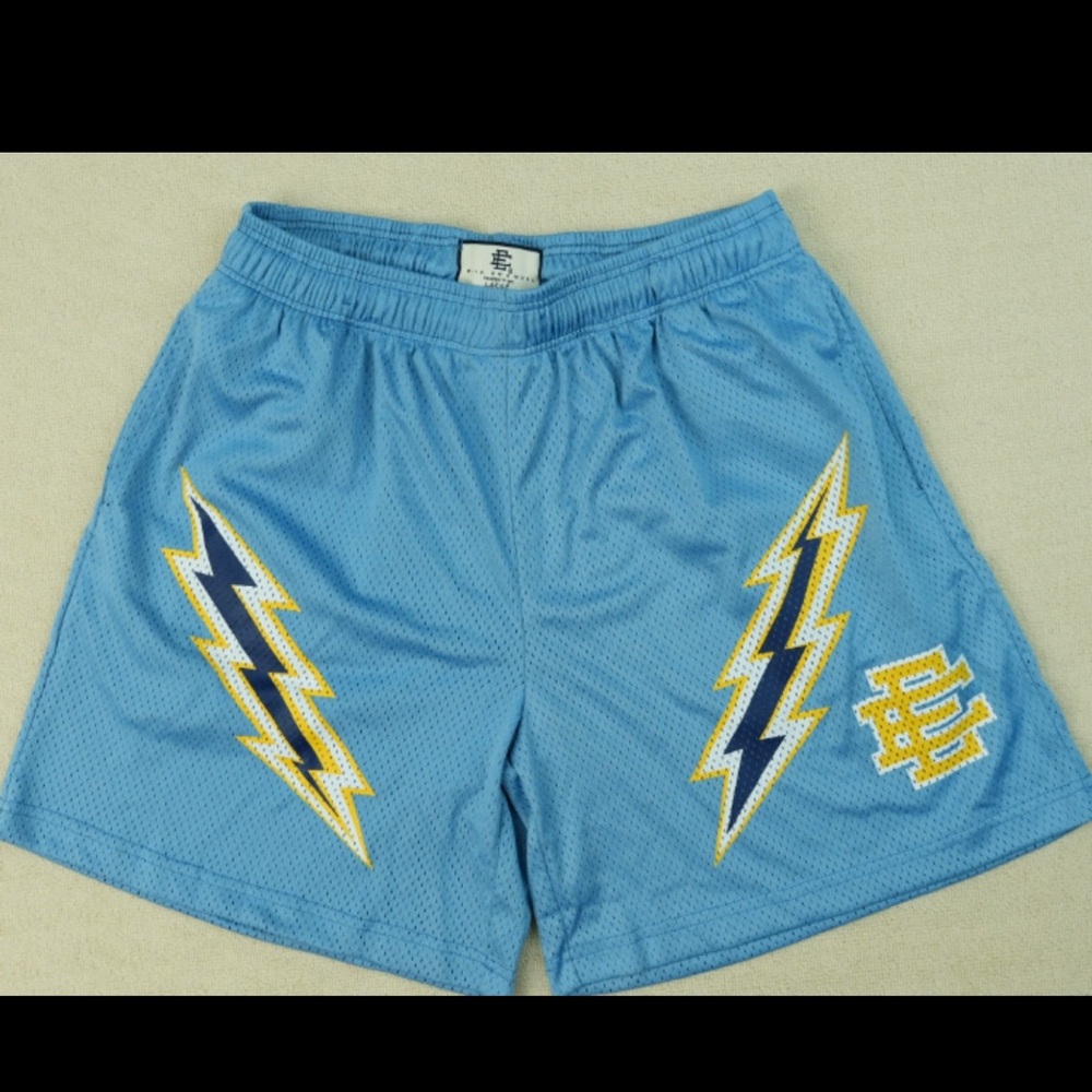 Eric Emanuel Light Blue Athletic Shorts with Yellow & Navy Lightning